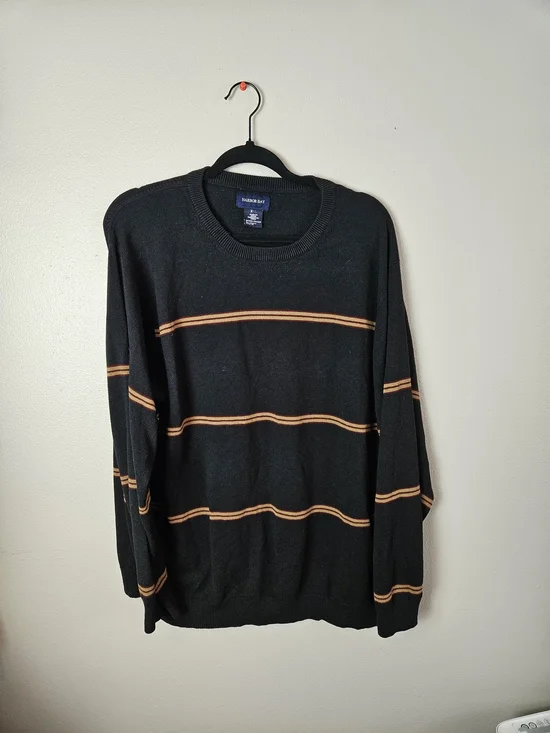 Harbor Bay Black Crewneck Sweater with Tan Stripes - Picture 1 of 3